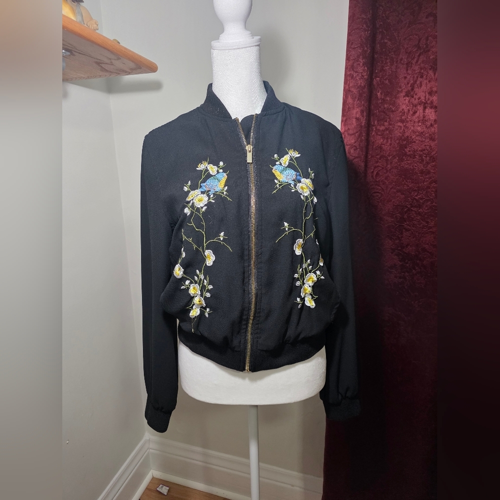 WD.NY Black Bomber Jacket with Floral Embroidery
